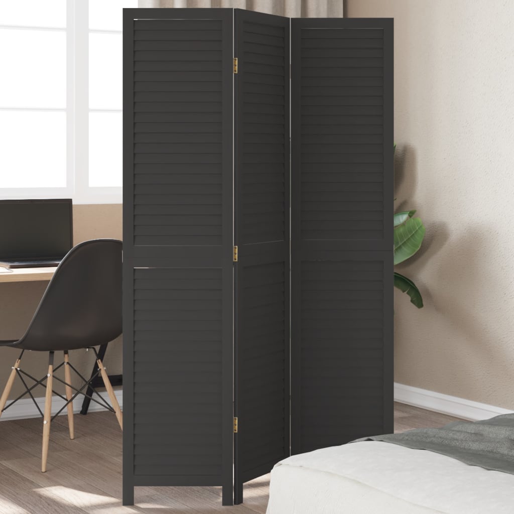 Room Divider 3 Panels Black Solid Wood Paulownia