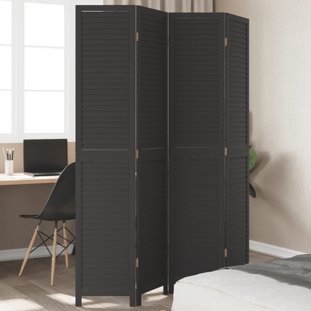 Room Divider 4 Panels Black Solid Wood Paulownia