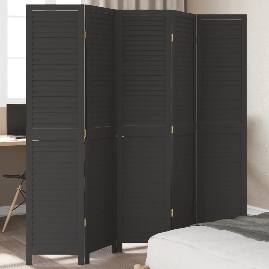 Room Divider 5 Panels Black Solid Wood Paulownia