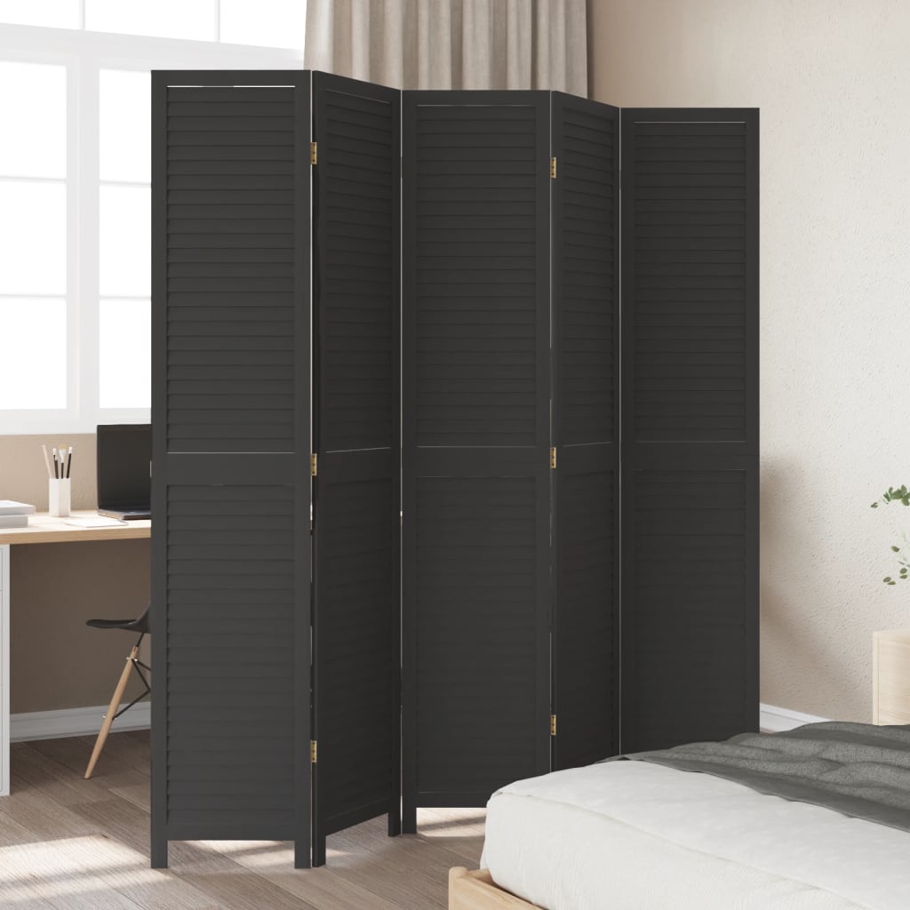 Room Divider 5 Panels Black Solid Wood Paulownia