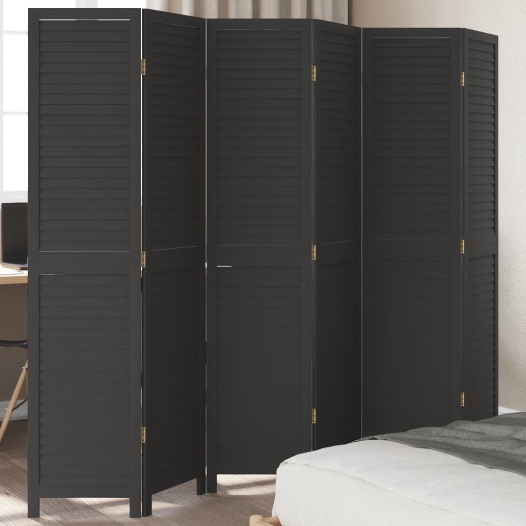 Room Divider 6 Panels Black Solid Wood Paulownia