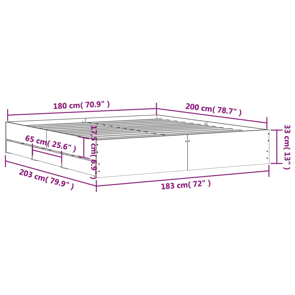 Bed Frame with Drawers without Mattress Black 183x203 cm King