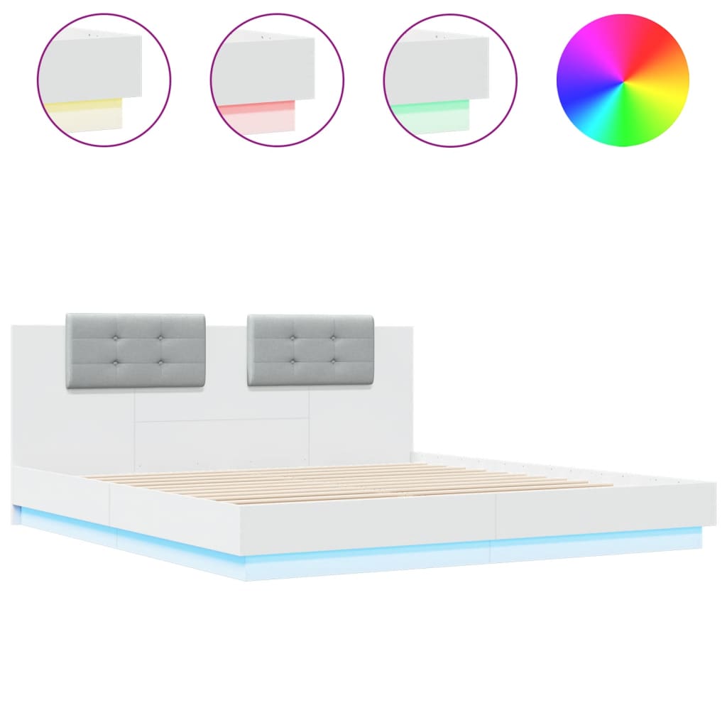 Bed Frame with LED without Mattress White 183x203 cm King