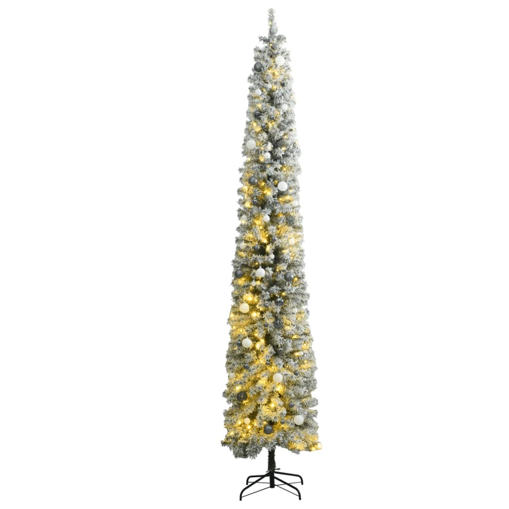 Slim Christmas Tree 300 LEDs & Ball Set & Flocked Snow 270 cm