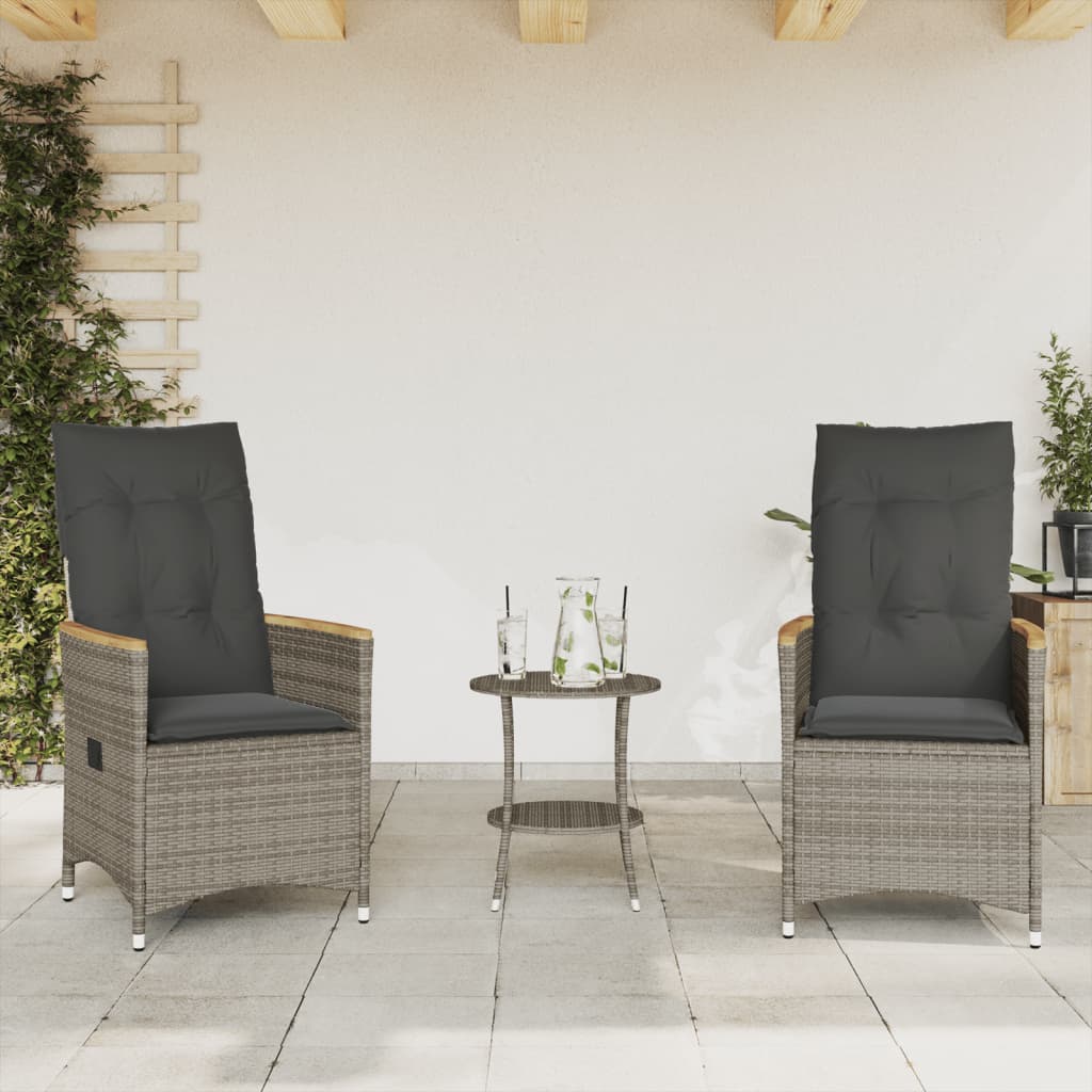 3 Piece Bistro Set with Cushions Grey Poly Rattan