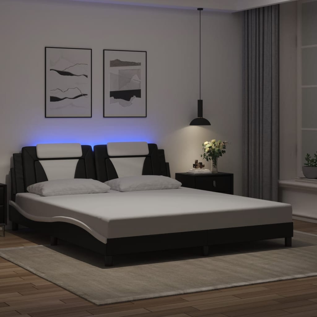 Bed Frame with LED without Mattress Black and White 183x203 cm King