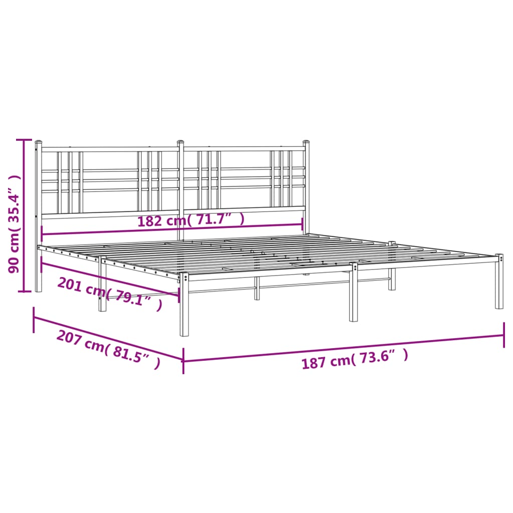 Metal Bed Frame without Mattress with Headboard Black 183x203 cm King