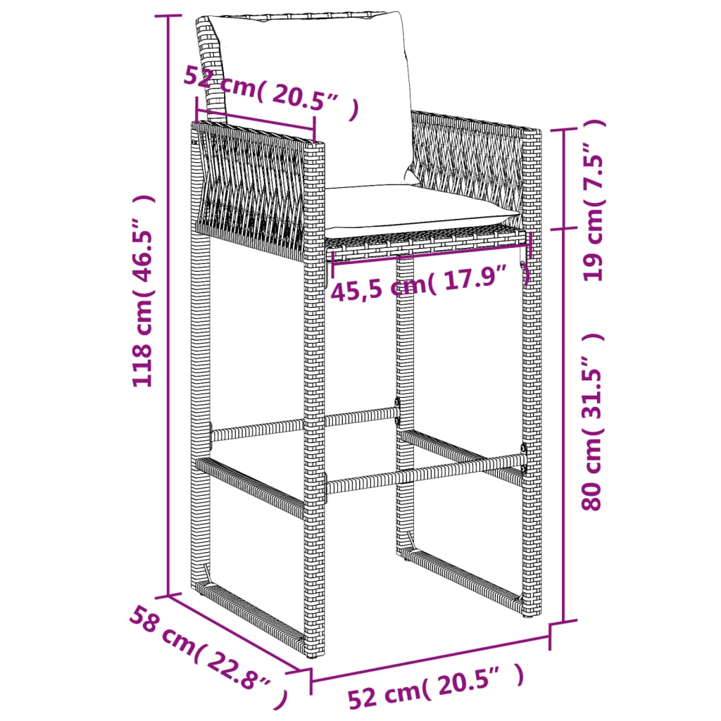 Garden Bar Stools with Cushions 2 pcs Grey Poly Rattan