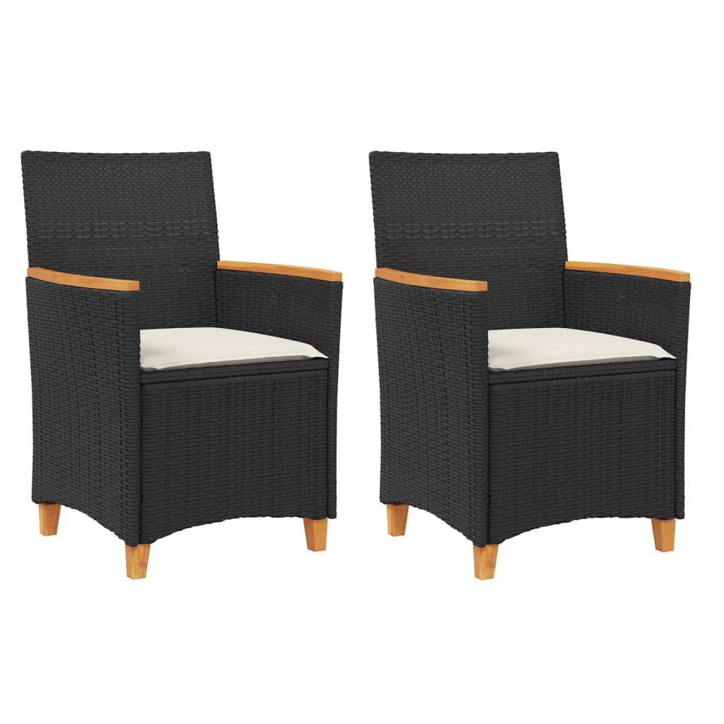 Garden Chairs with Cushions 2 pcs Black Poly Rattan&Solid Wood