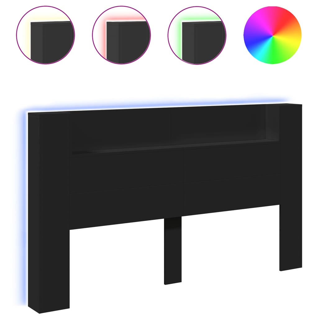 Headboard Cabinet with LED Black 180 cm