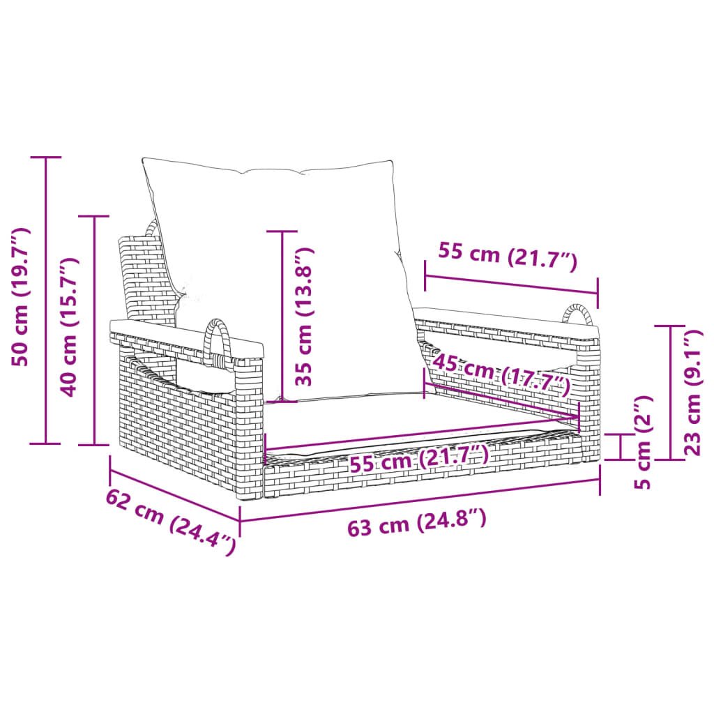 Swing Bench with Cushions Black 63x62x40 cm Poly Rattan
