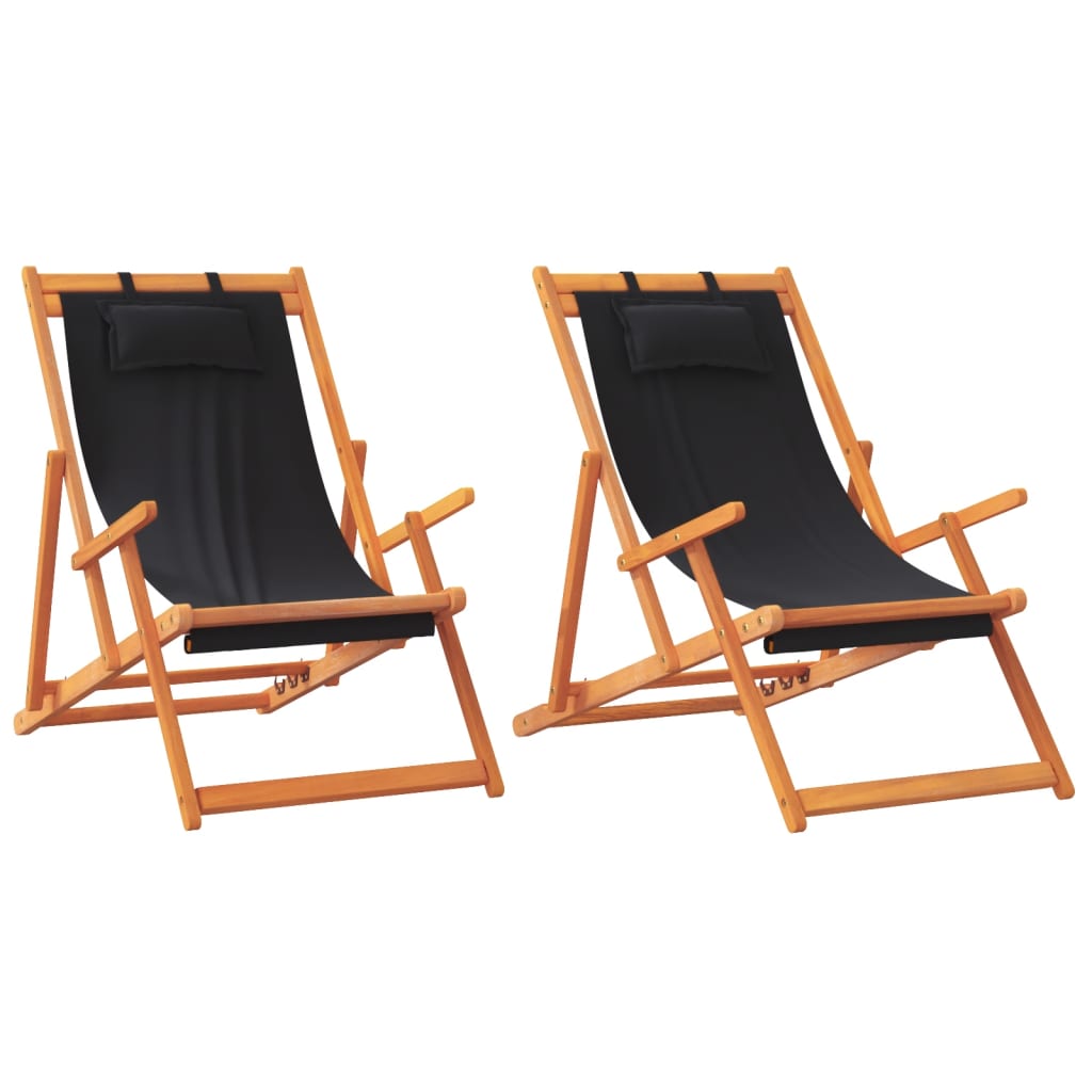 Folding Beach Chairs 2 pcs Black Fabric