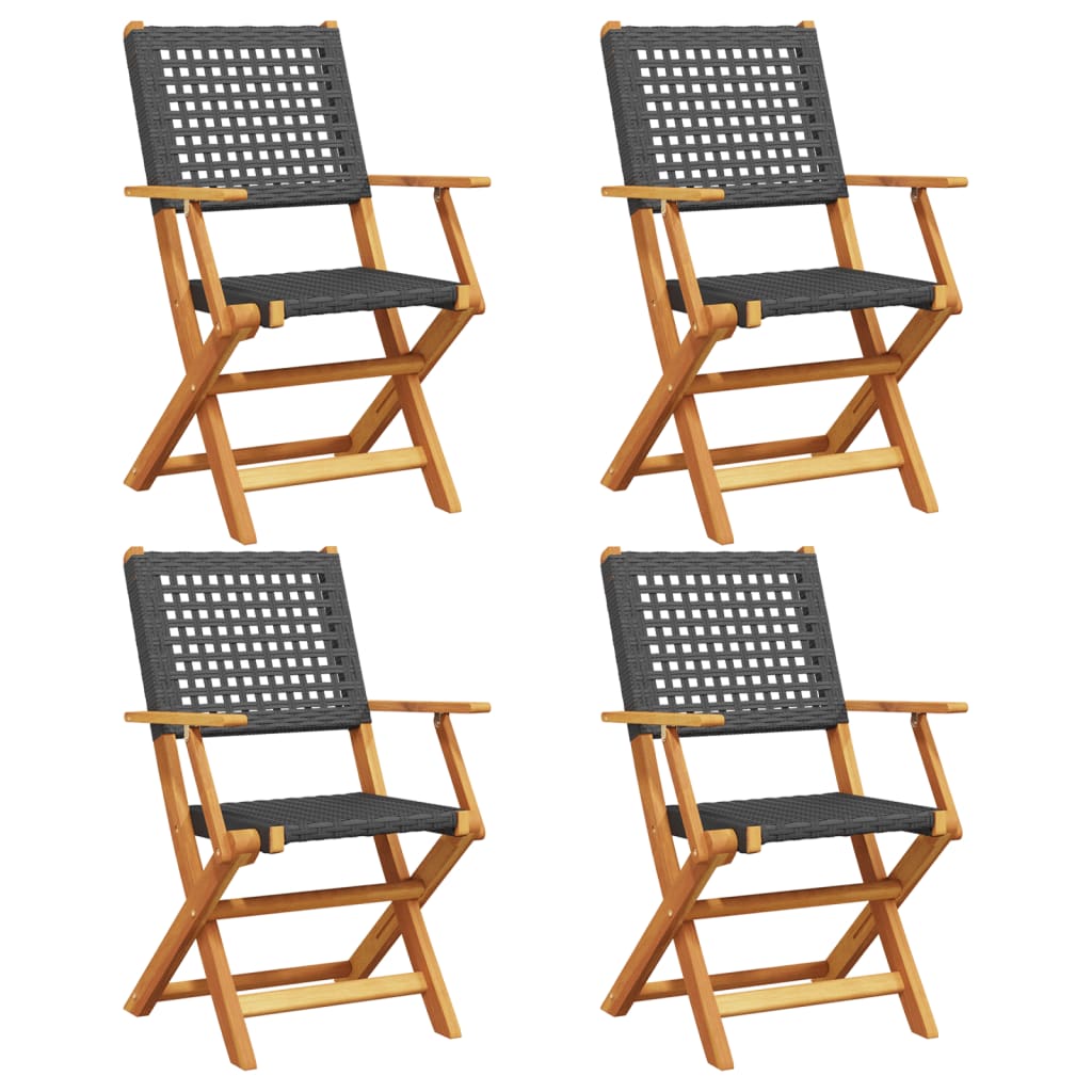 Folding Garden Chairs 4 pcs Black Poly Rattan and Solid Wood