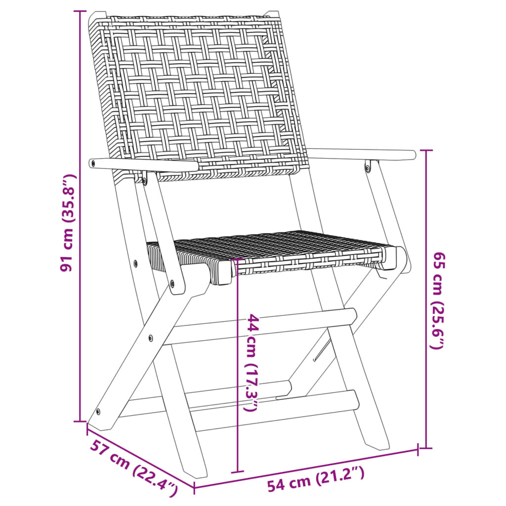 Folding Garden Chairs 8 pcs Black Poly Rattan and Solid Wood