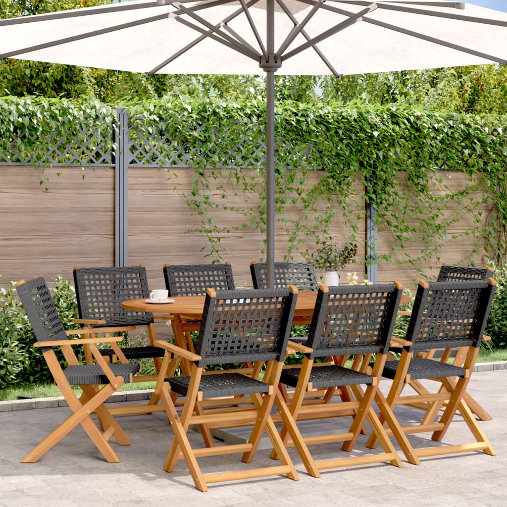 Folding Garden Chairs 8 pcs Black Poly Rattan and Solid Wood