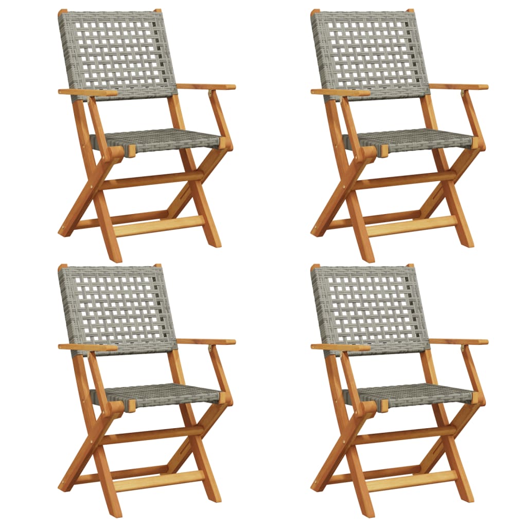 Folding Garden Chairs 4 pcs Grey Poly Rattan and Solid Wood