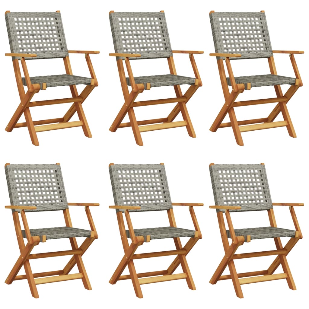 Folding Garden Chairs 6 pcs Grey Poly Rattan and Solid Wood