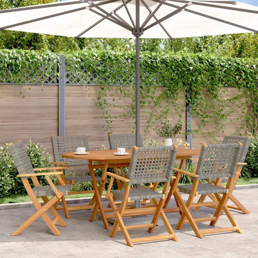 Folding Garden Chairs 6 pcs Grey Poly Rattan and Solid Wood