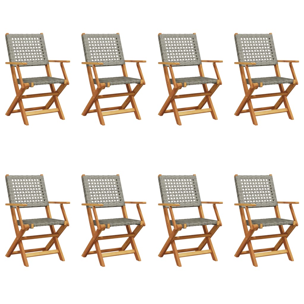 Folding Garden Chairs 8 pcs Grey Poly Rattan and Solid Wood