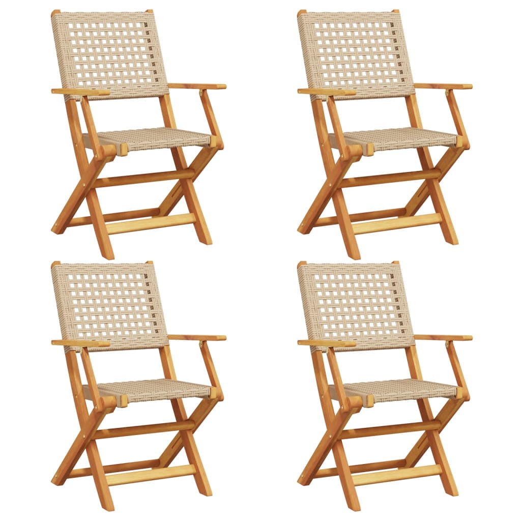 Folding Garden Chairs 4 pcs Beige Poly Rattan and Solid Wood