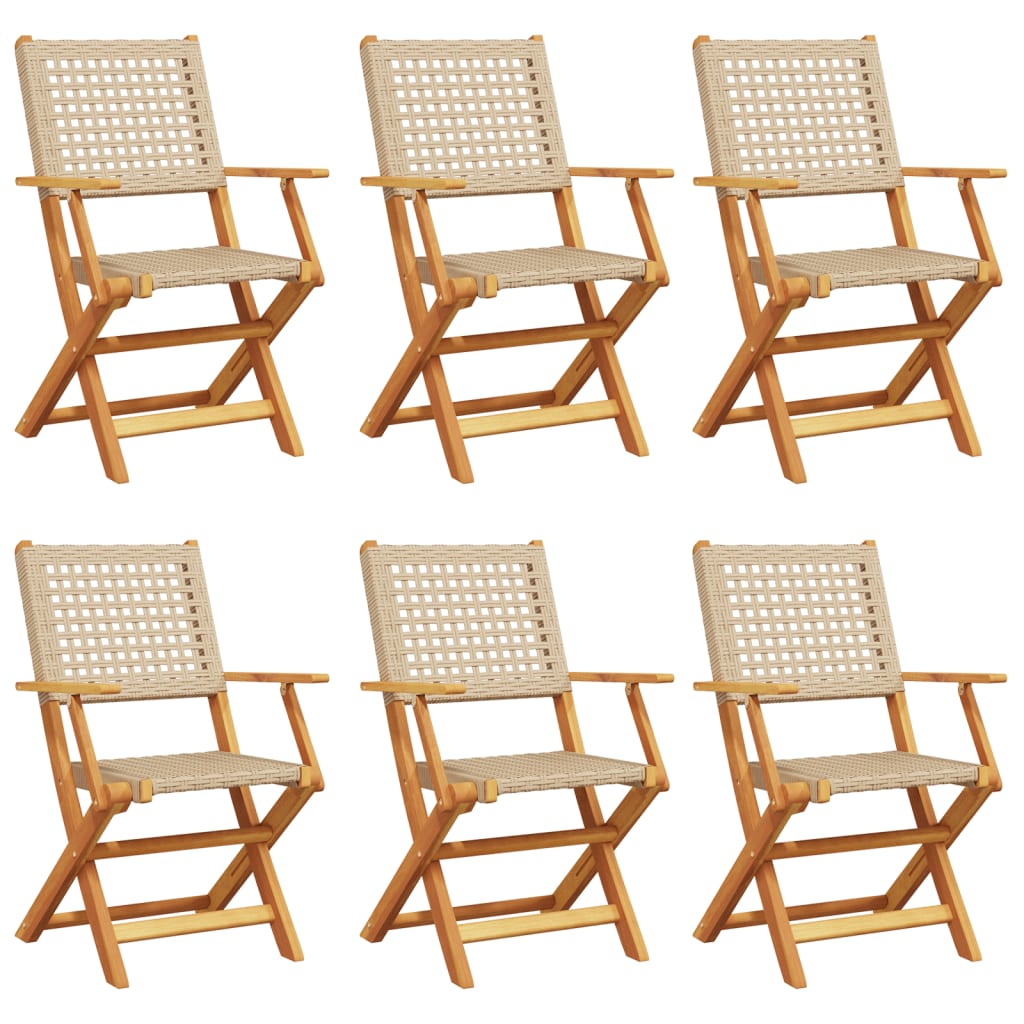 Folding Garden Chairs 6 pcs Beige Poly Rattan and Solid Wood