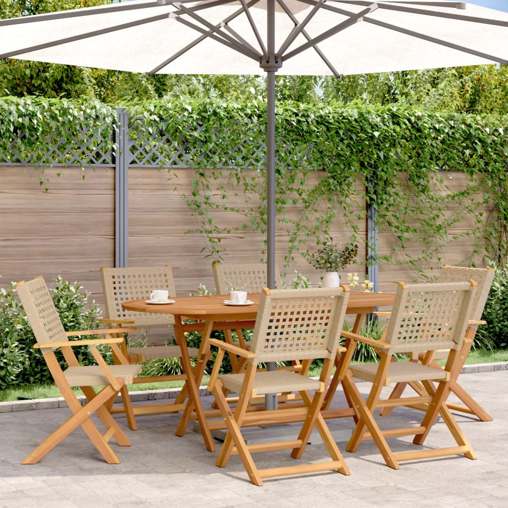 Folding Garden Chairs 6 pcs Beige Poly Rattan and Solid Wood