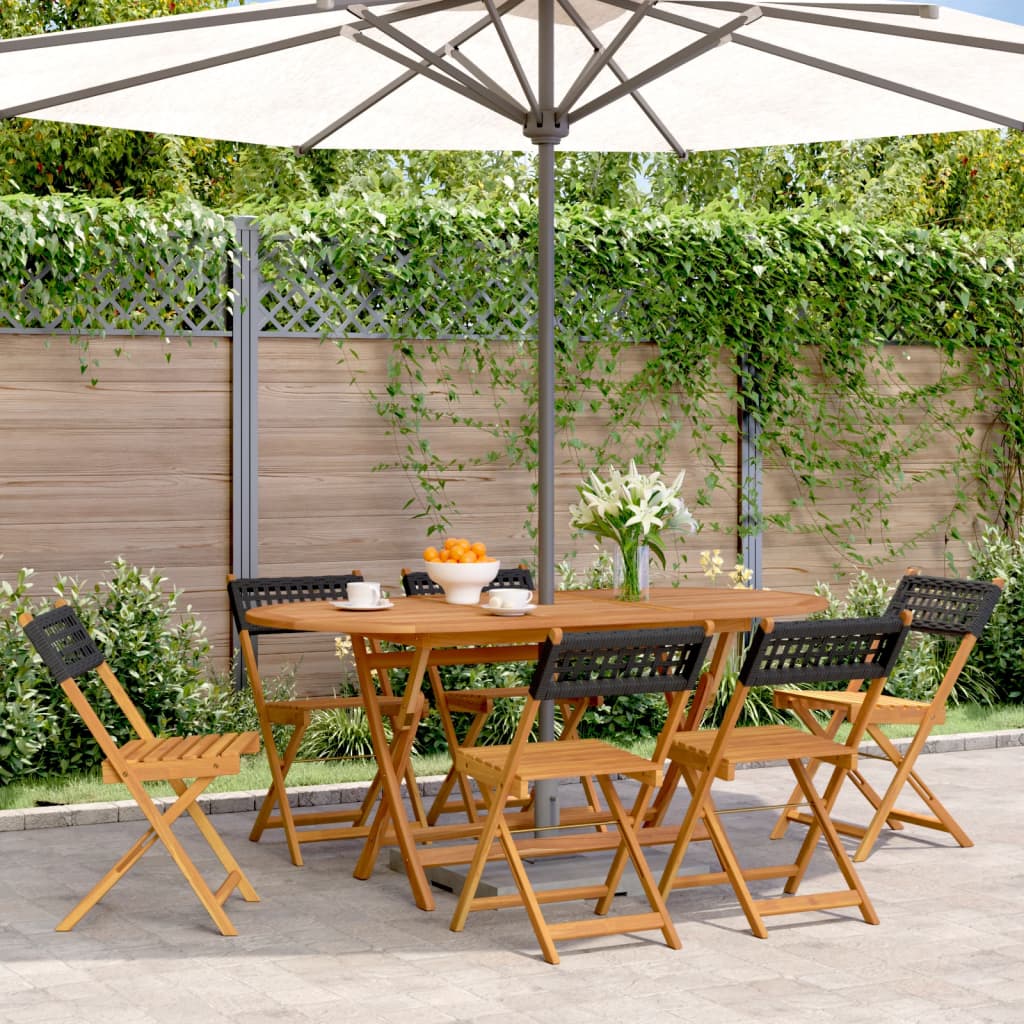 Folding Garden Chairs 6 pcs Black Poly Rattan and Solid Wood