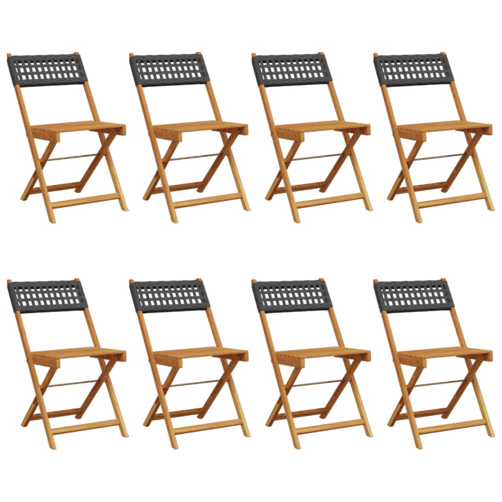 Folding Garden Chairs 8 pcs Black Poly Rattan and Solid Wood