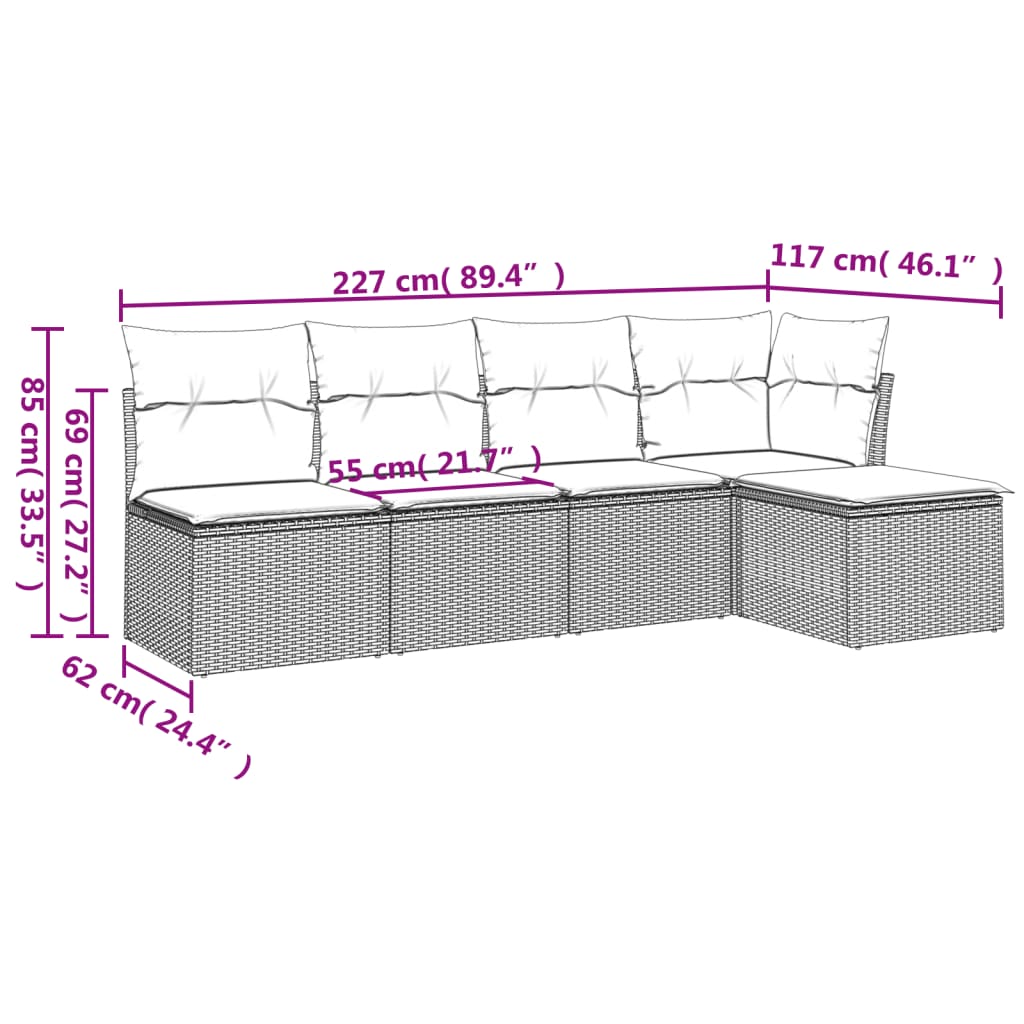 5 Piece Garden Sofa Set with Cushions Grey Poly Rattan