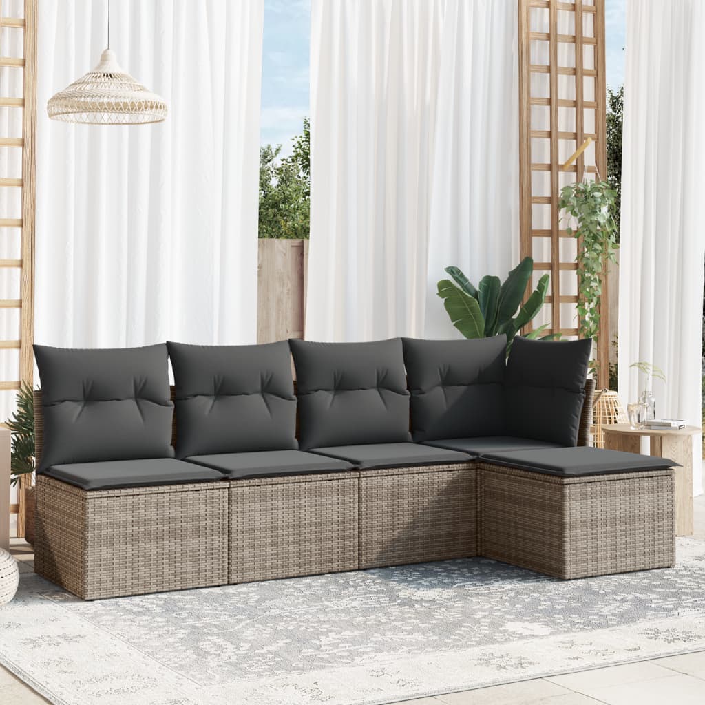 5 Piece Garden Sofa Set with Cushions Grey Poly Rattan