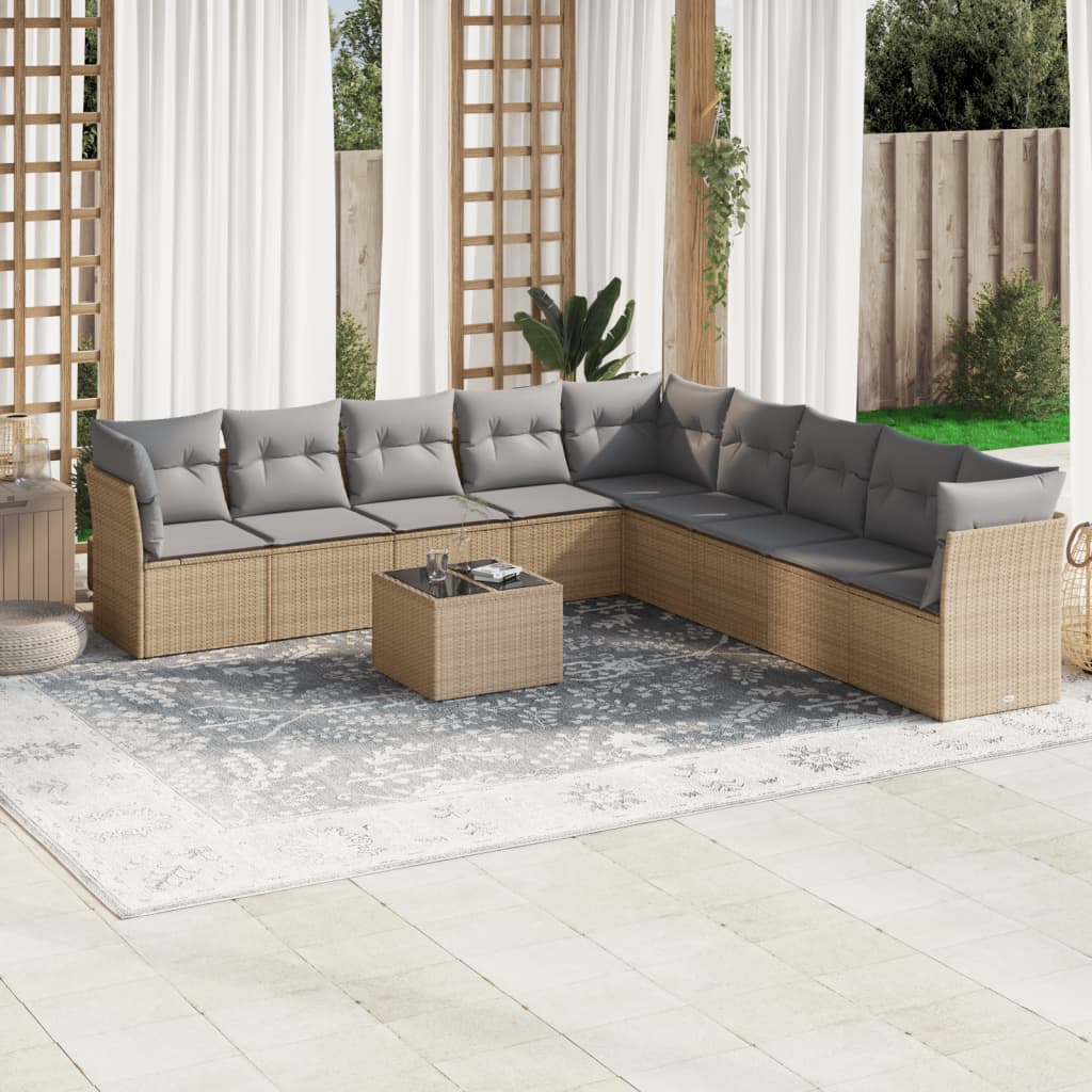 10 Piece Garden Sofa Set with Cushions Beige Poly Rattan