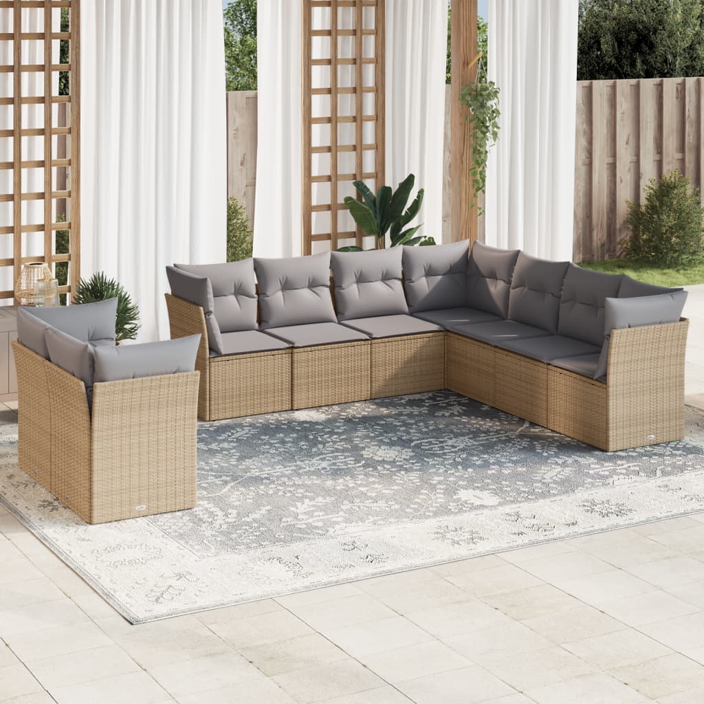 9 Piece Garden Sofa Set with Cushions Beige Poly Rattan