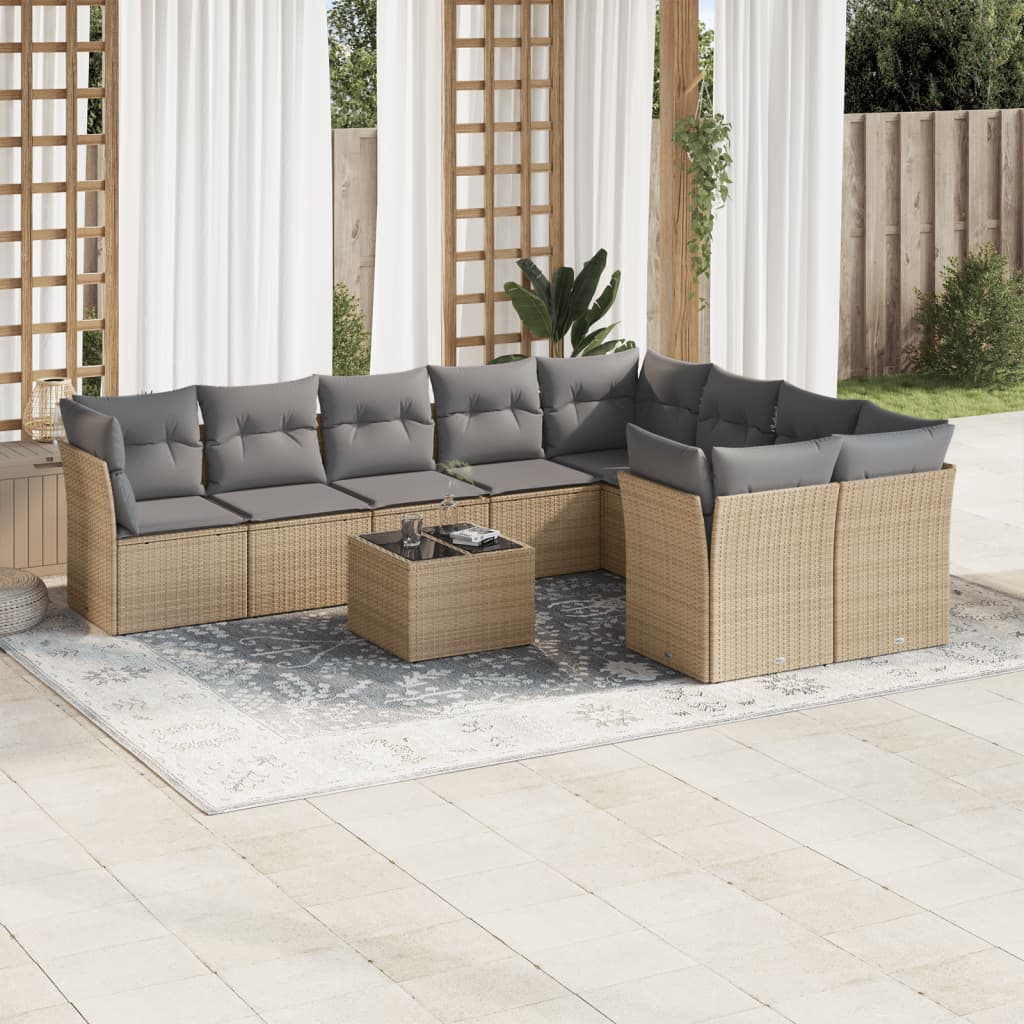 10 Piece Garden Sofa Set with Cushions Beige Poly Rattan