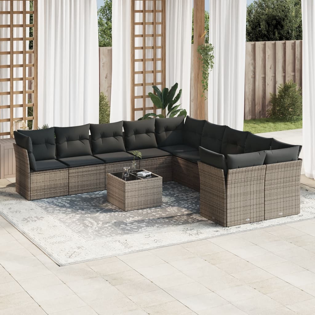 11 Piece Garden Sofa Set with Cushions Grey Poly Rattan