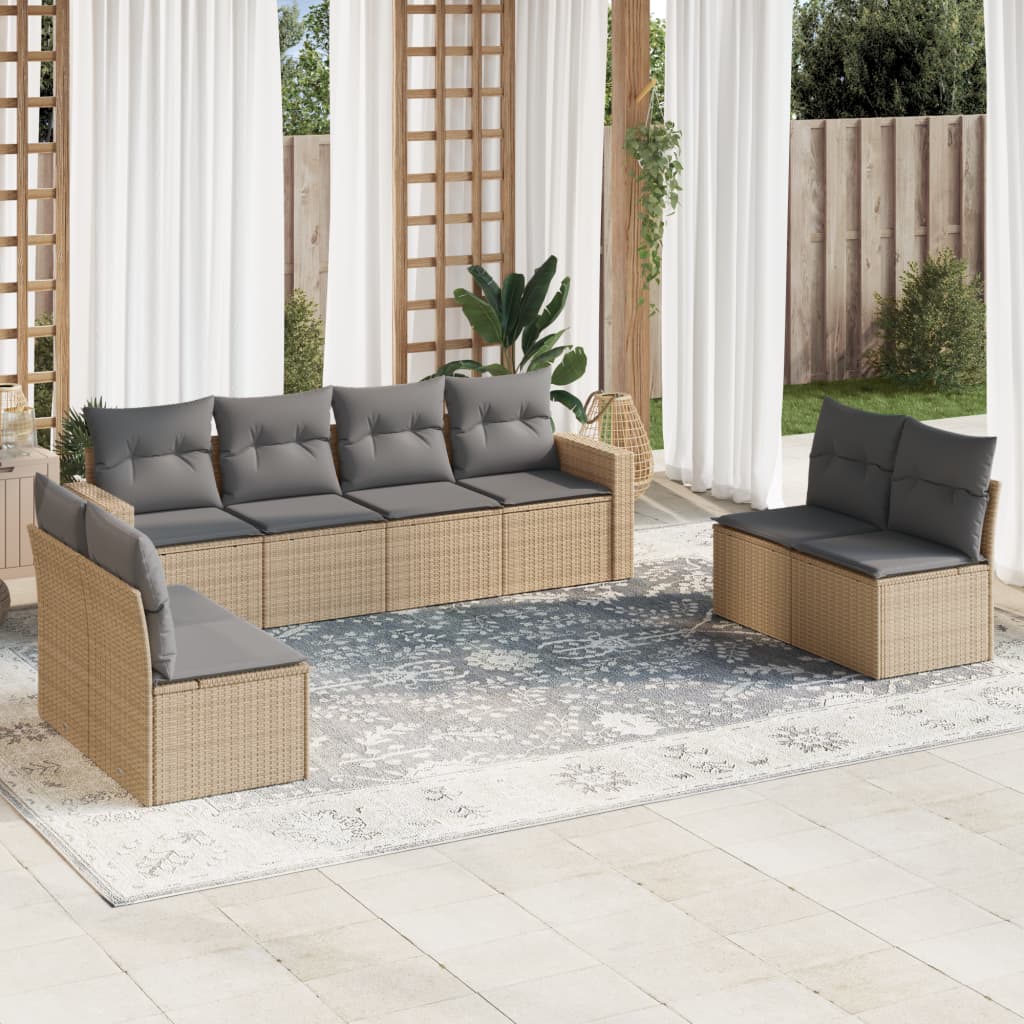 9 Piece Garden Sofa Set with Cushions Beige Poly Rattan