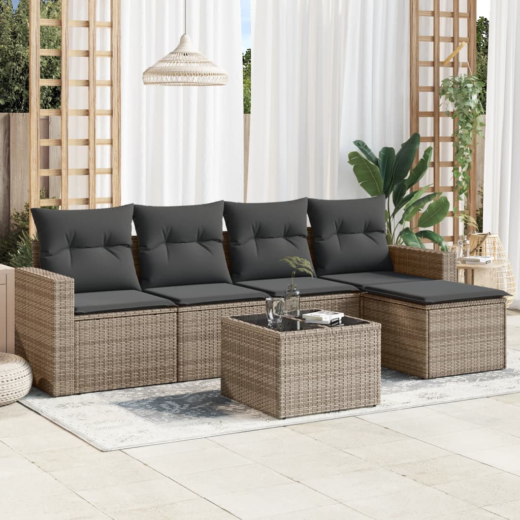 6 Piece Garden Sofa Set with Cushions Grey Poly Rattan