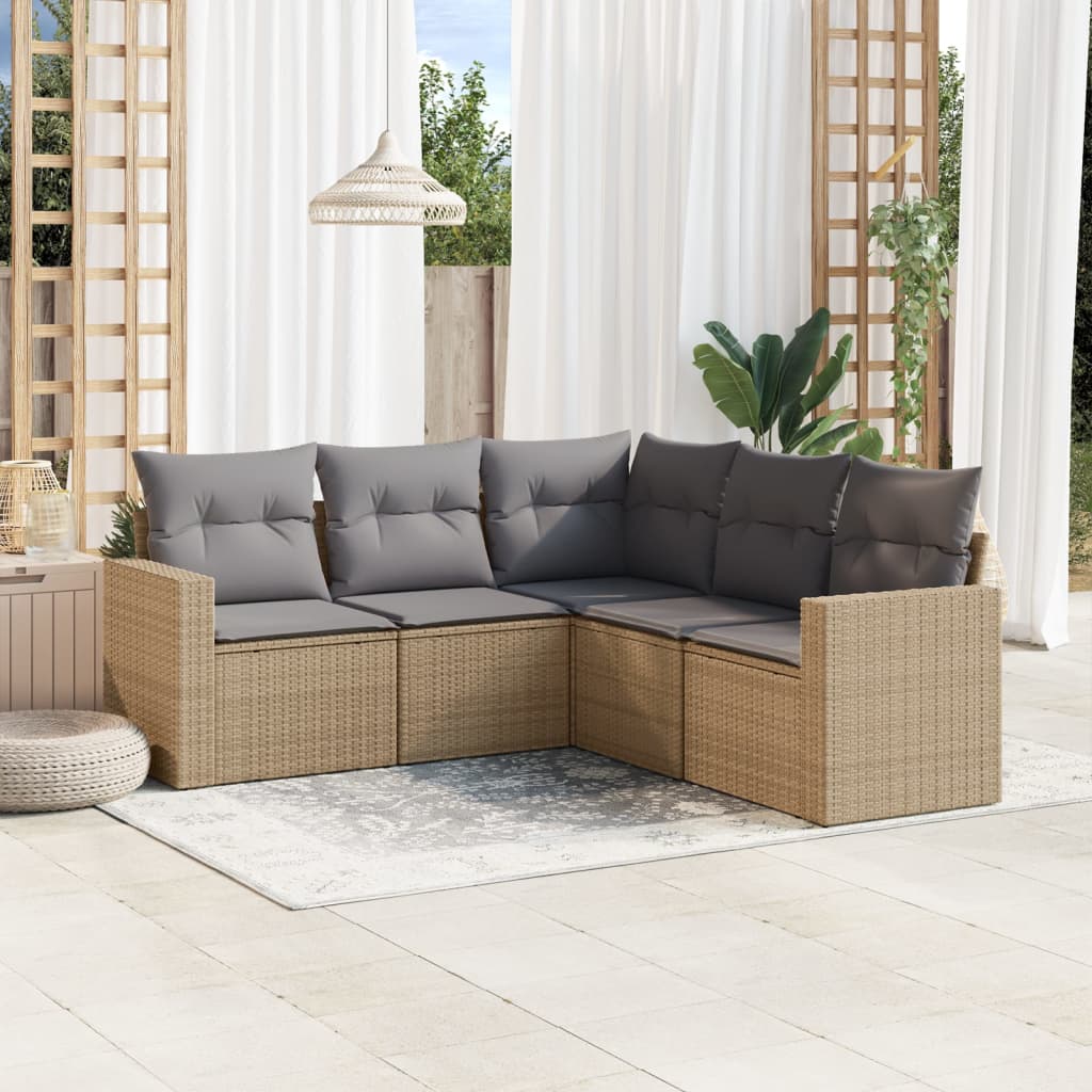 5 Piece Garden Sofa Set with Cushions Beige Poly Rattan