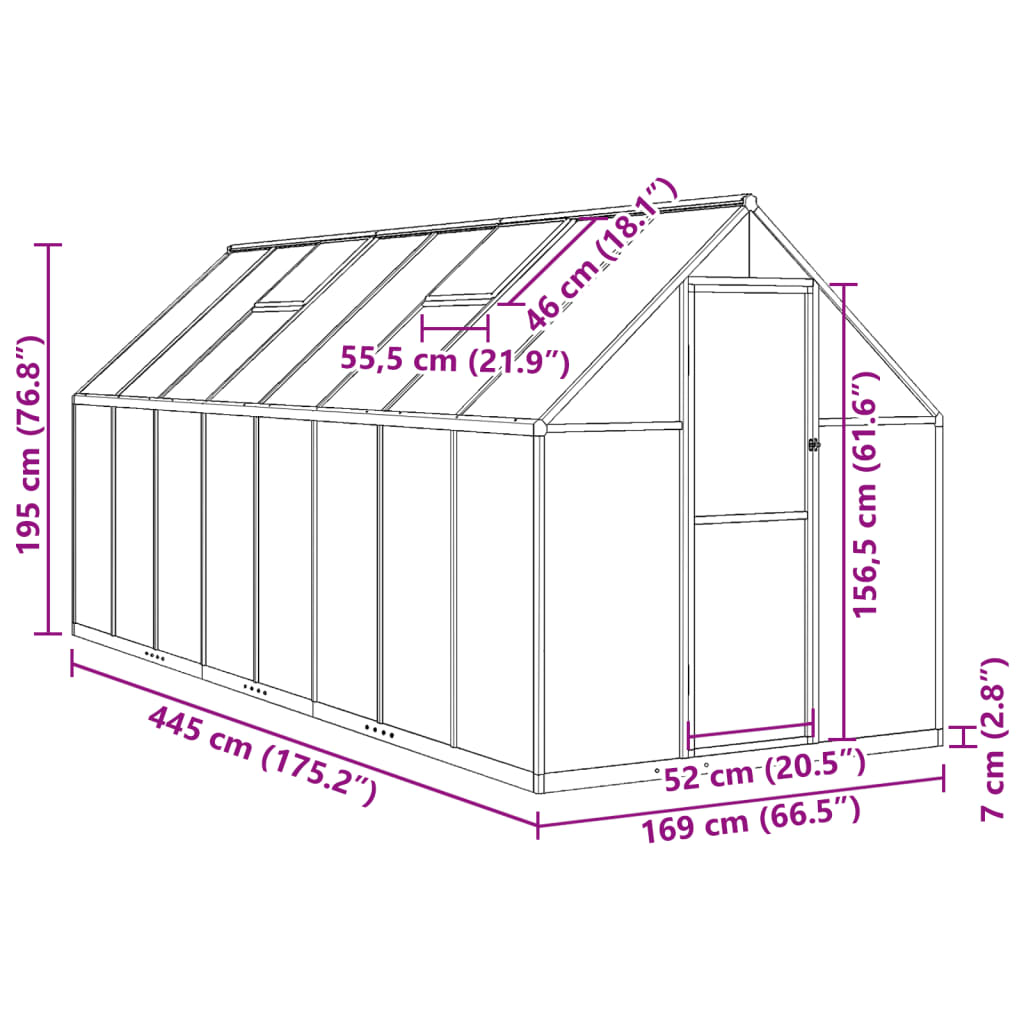 Greenhouse with Base Frame Silver 445x169x195 cm Aluminium