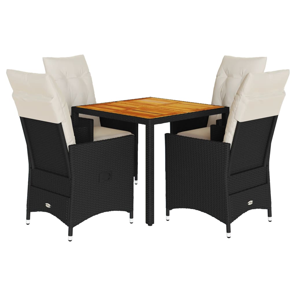 5 Piece Garden Dining Set with Cushions Black Poly Rattan