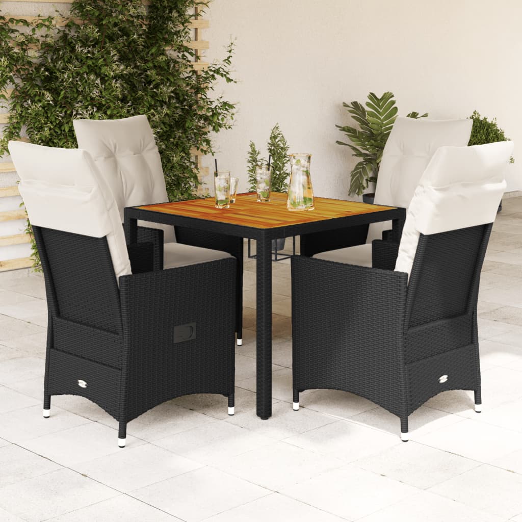 5 Piece Garden Dining Set with Cushions Black Poly Rattan