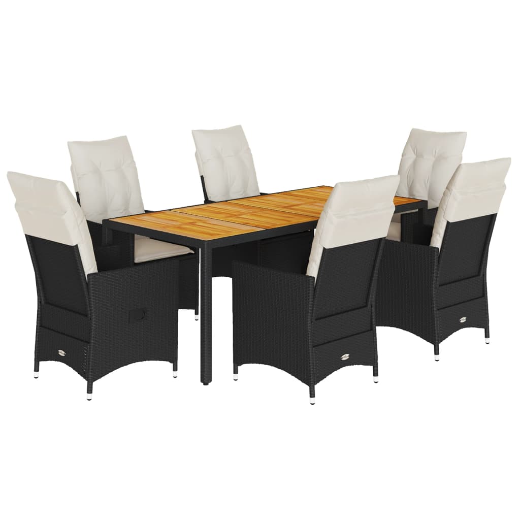 7 Piece Garden Dining Set with Cushions Black Poly Rattan