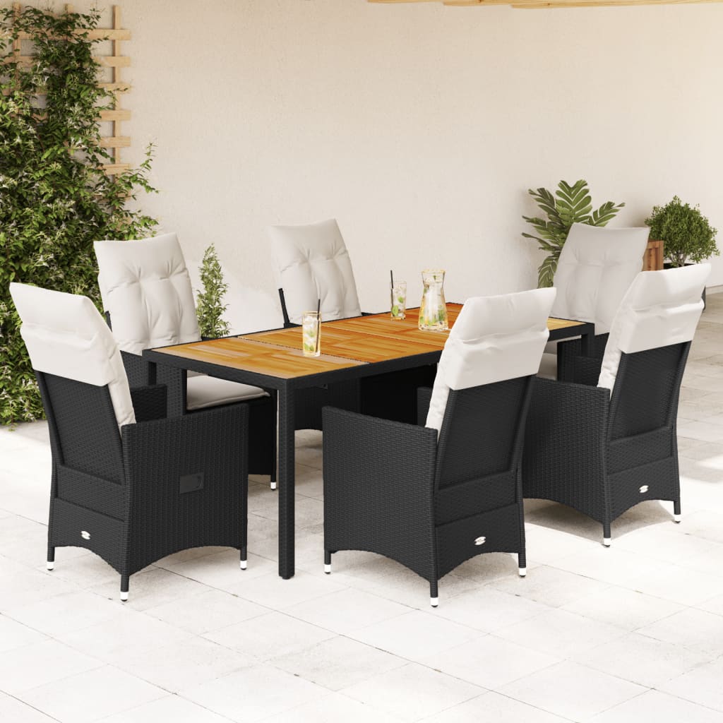 7 Piece Garden Dining Set with Cushions Black Poly Rattan