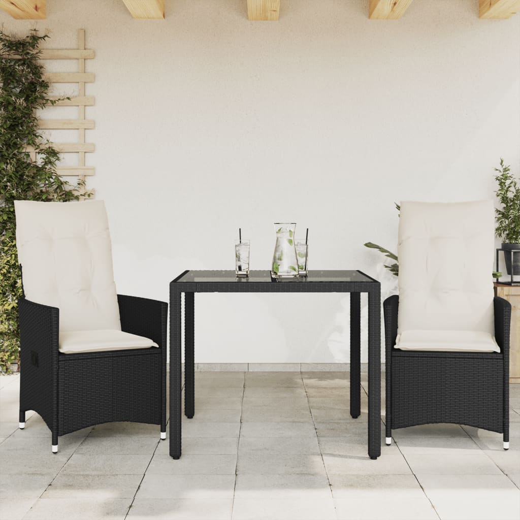 3 Piece Bistro Set with Cushions Black Poly Rattan