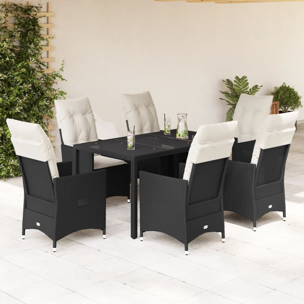 7 Piece Garden Dining Set with Cushions Black Poly Rattan