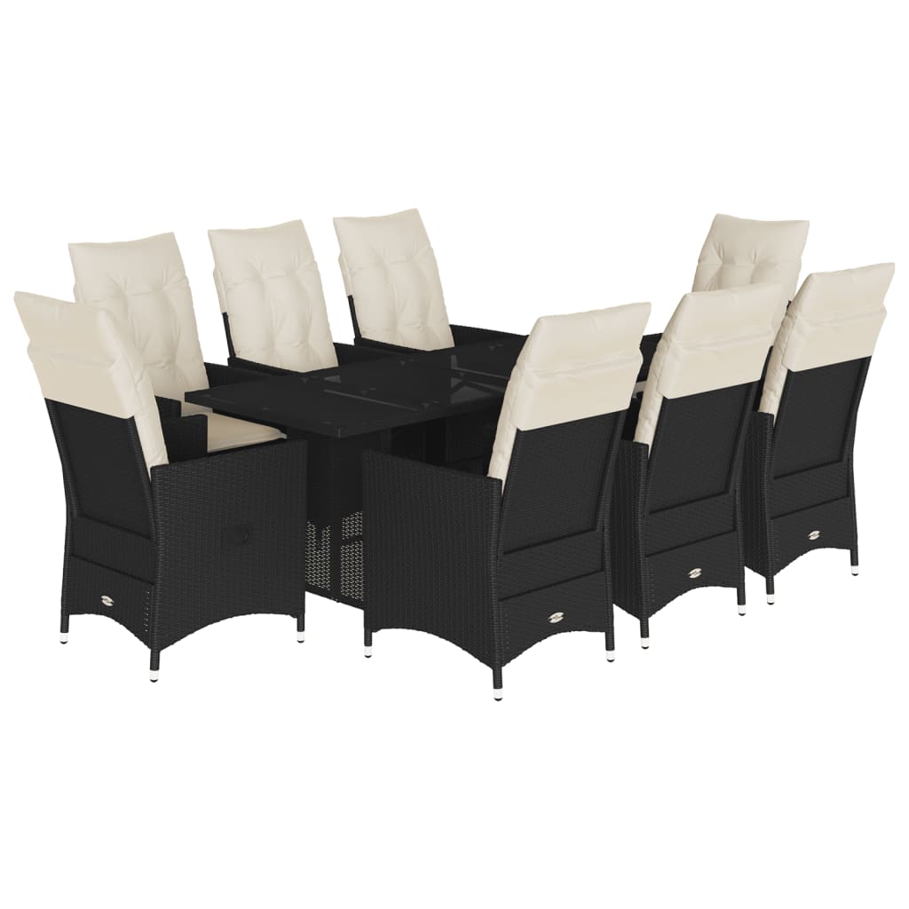 9 Piece Garden Dining Set with Cushions Black Poly Rattan