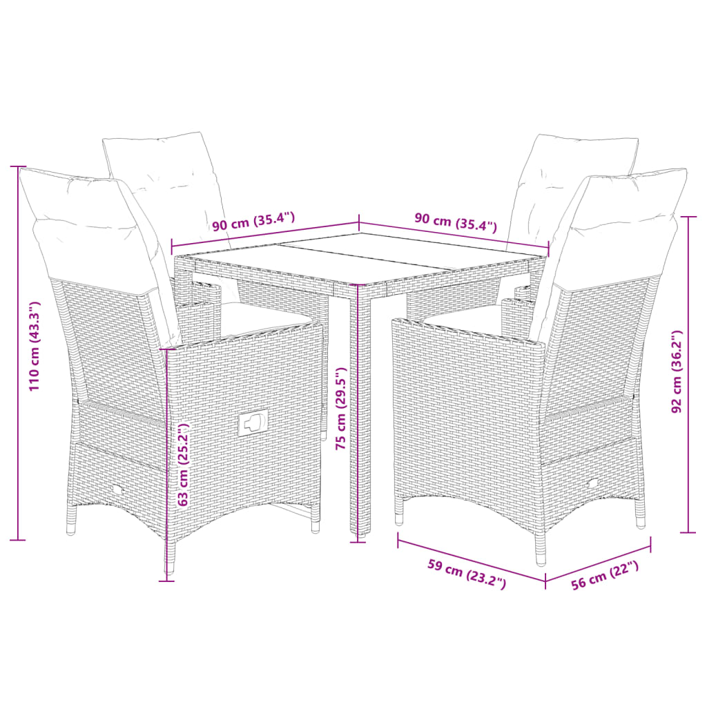 5 Piece Garden Dining Set with Cushions Grey Poly Rattan