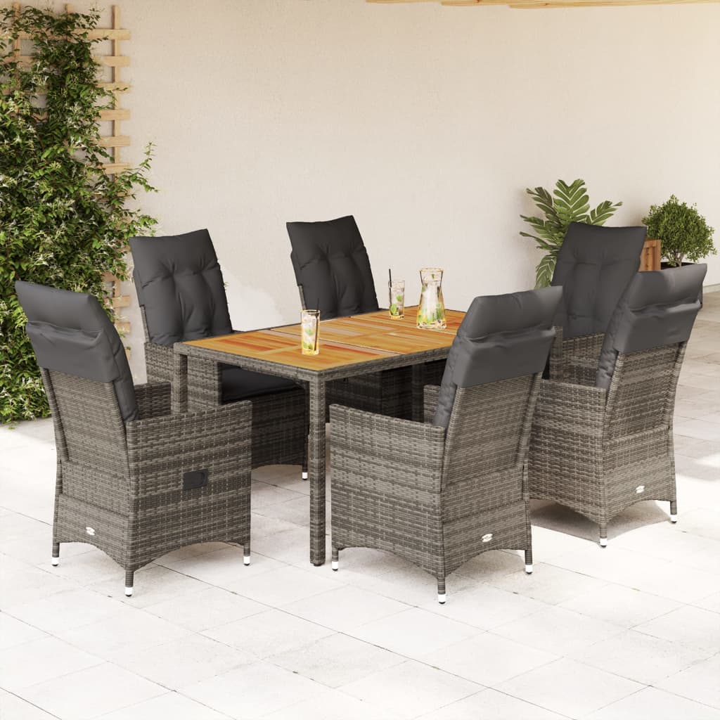 7 Piece Garden Dining Set with Cushions Grey Poly Rattan