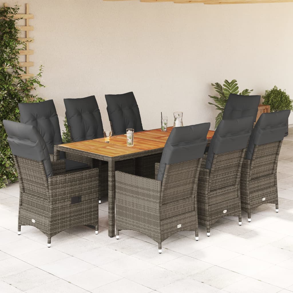 9 Piece Garden Dining Set with Cushions Grey Poly Rattan