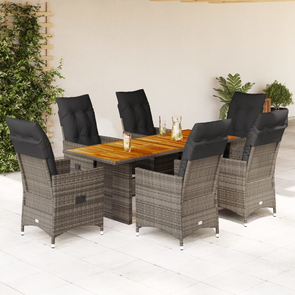 7 Piece Garden Dining Set with Cushions Grey Poly Rattan