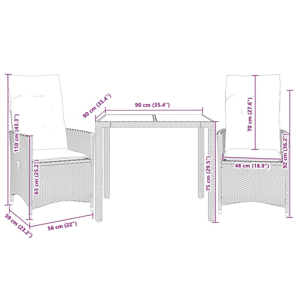 3 Piece Bistro Set with Cushions Grey Poly Rattan